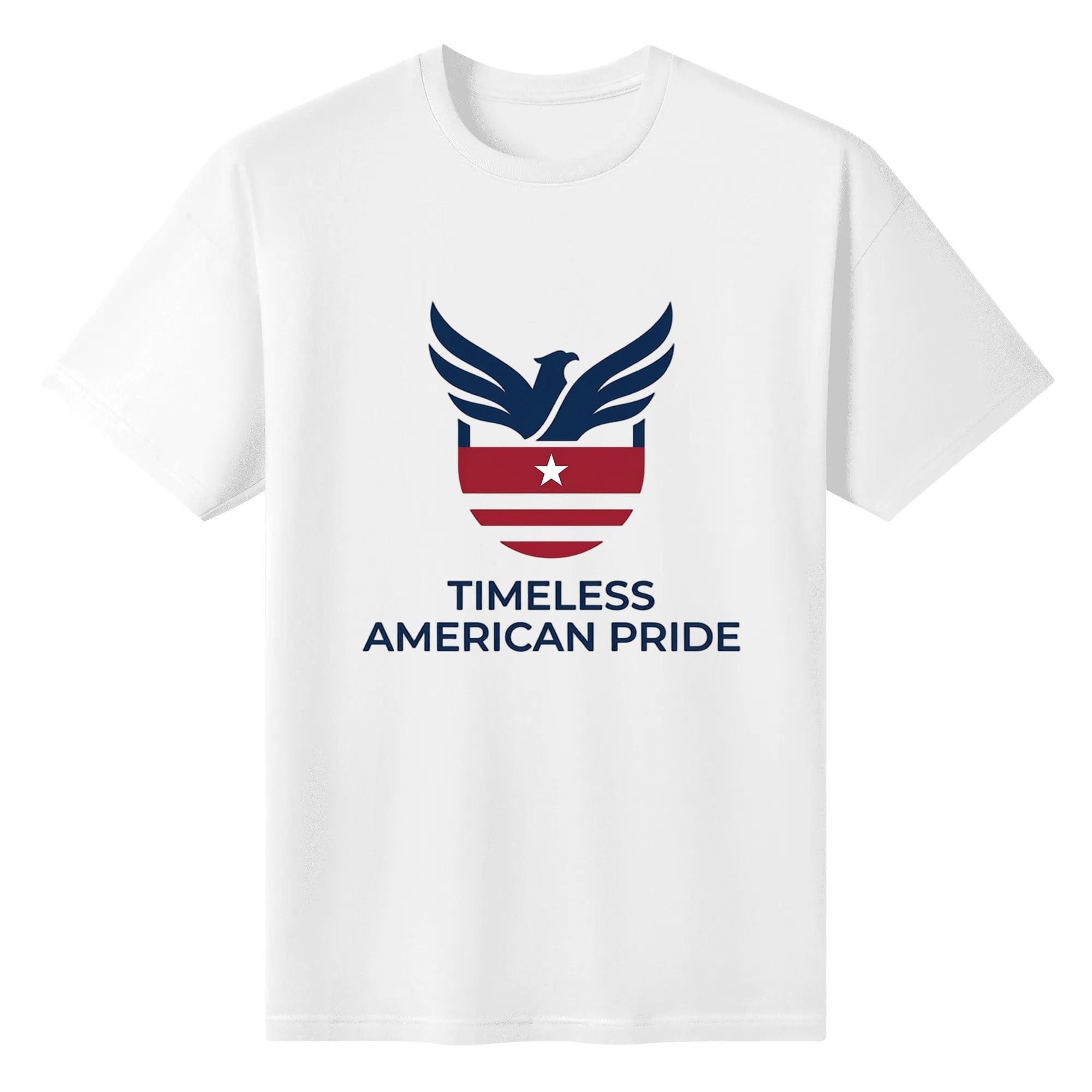 Plain white cotton short sleeve shirt with navy eagle red stripe shield American pride front graphic