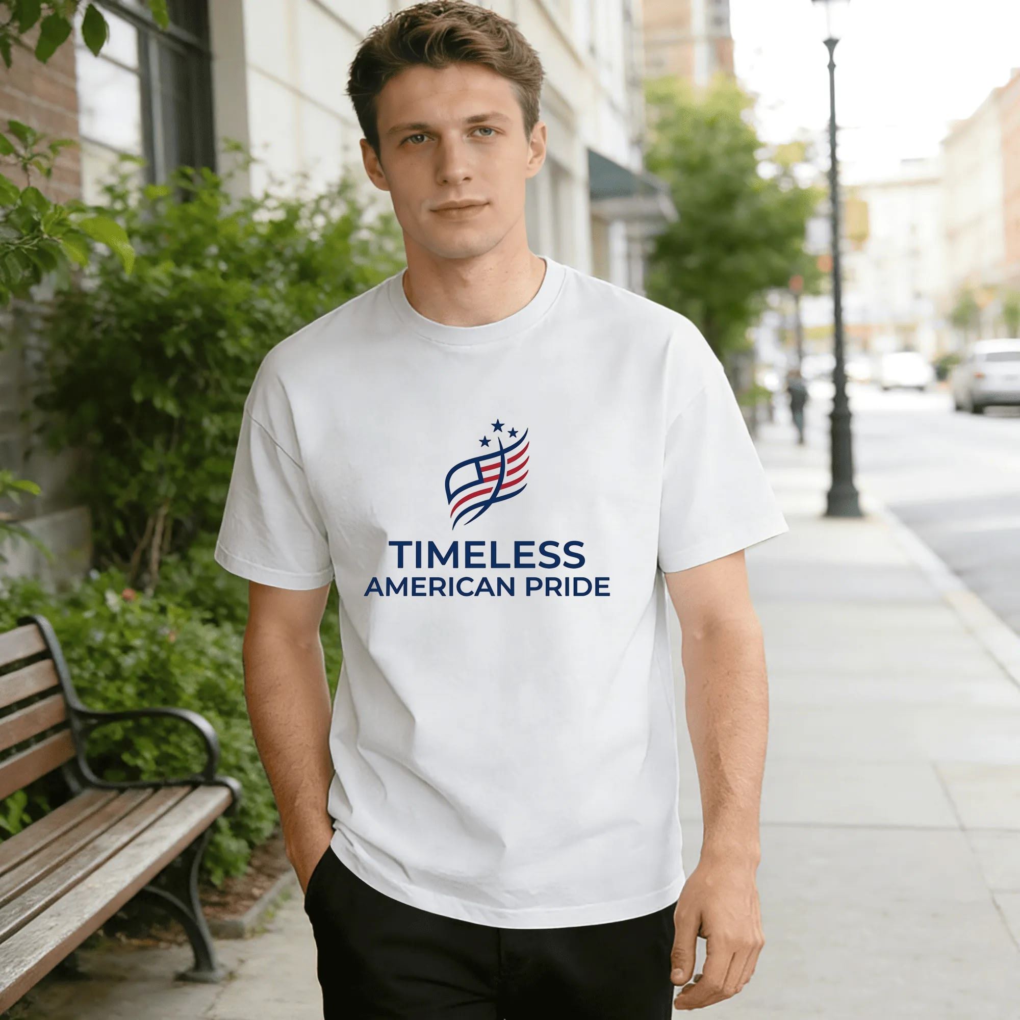 Man wearing white Timeless American Pride minimalist print t-shirt in an urban street setting