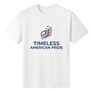 Solid white crew neck t-shirt with clean abstract American flag and text front print