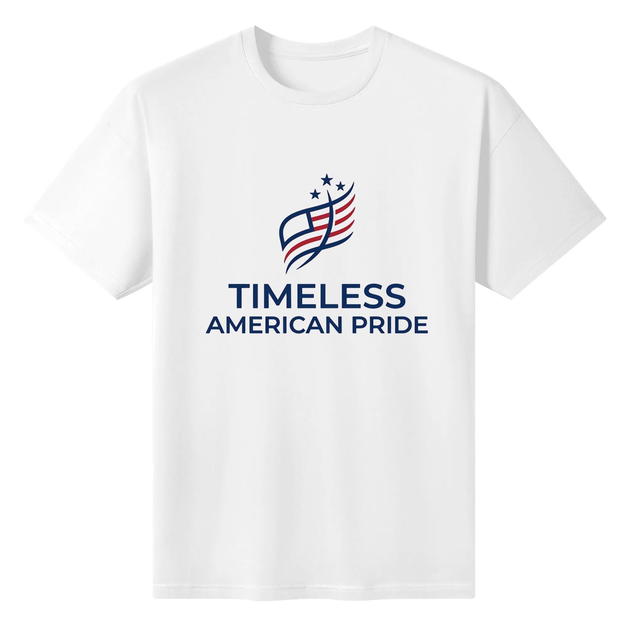 Solid white crew neck t-shirt with clean abstract American flag and text front print