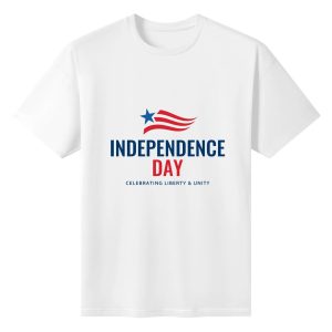 Front view of the white Independence Day T-shirt, featuring the “Independence Day Celebrating Liberty & Unity” print with a stylized flag and star
