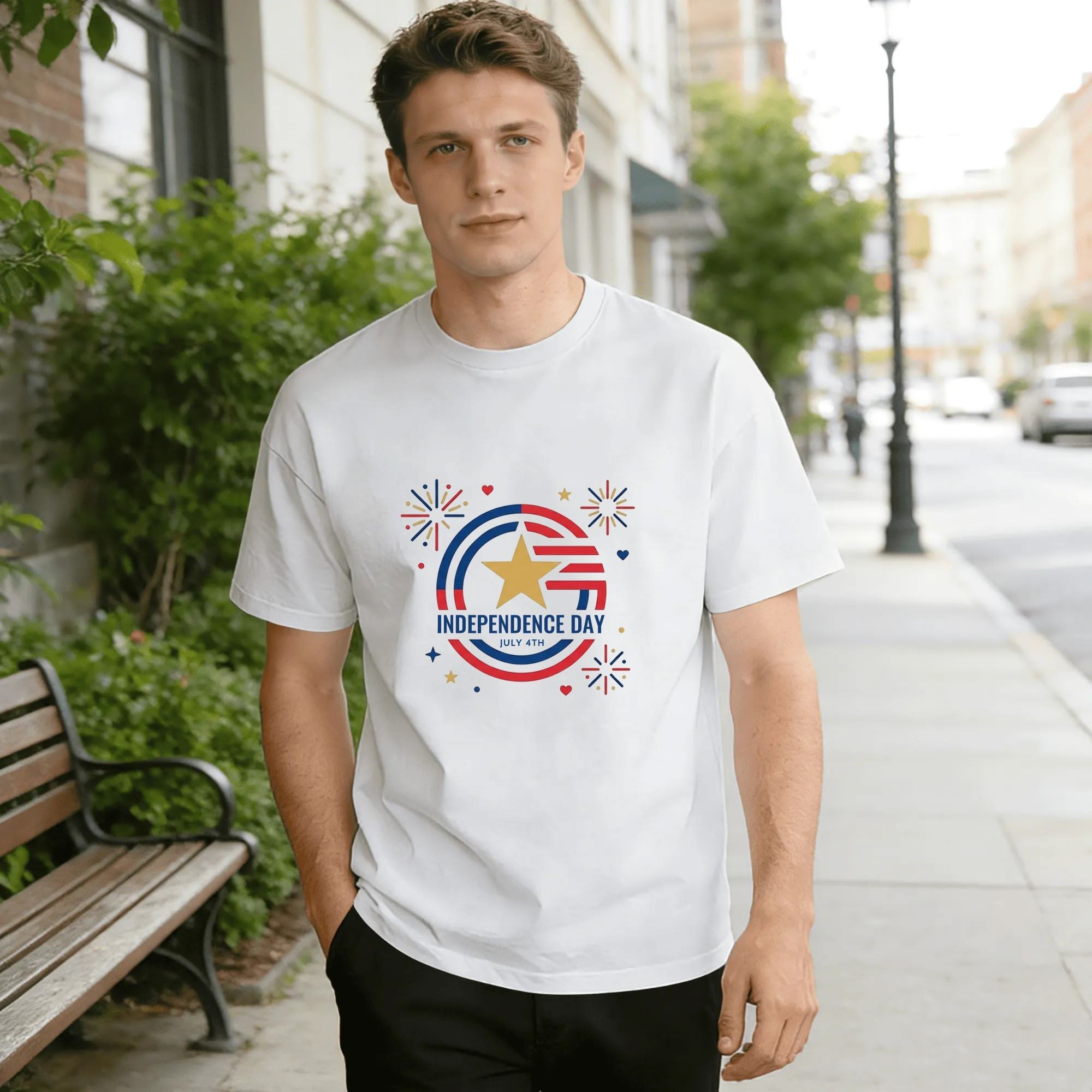 Lifestyle shot of a man wearing the white Independence Day T-shirt with a circular star and fireworks graphic, outdoors in an urban setting