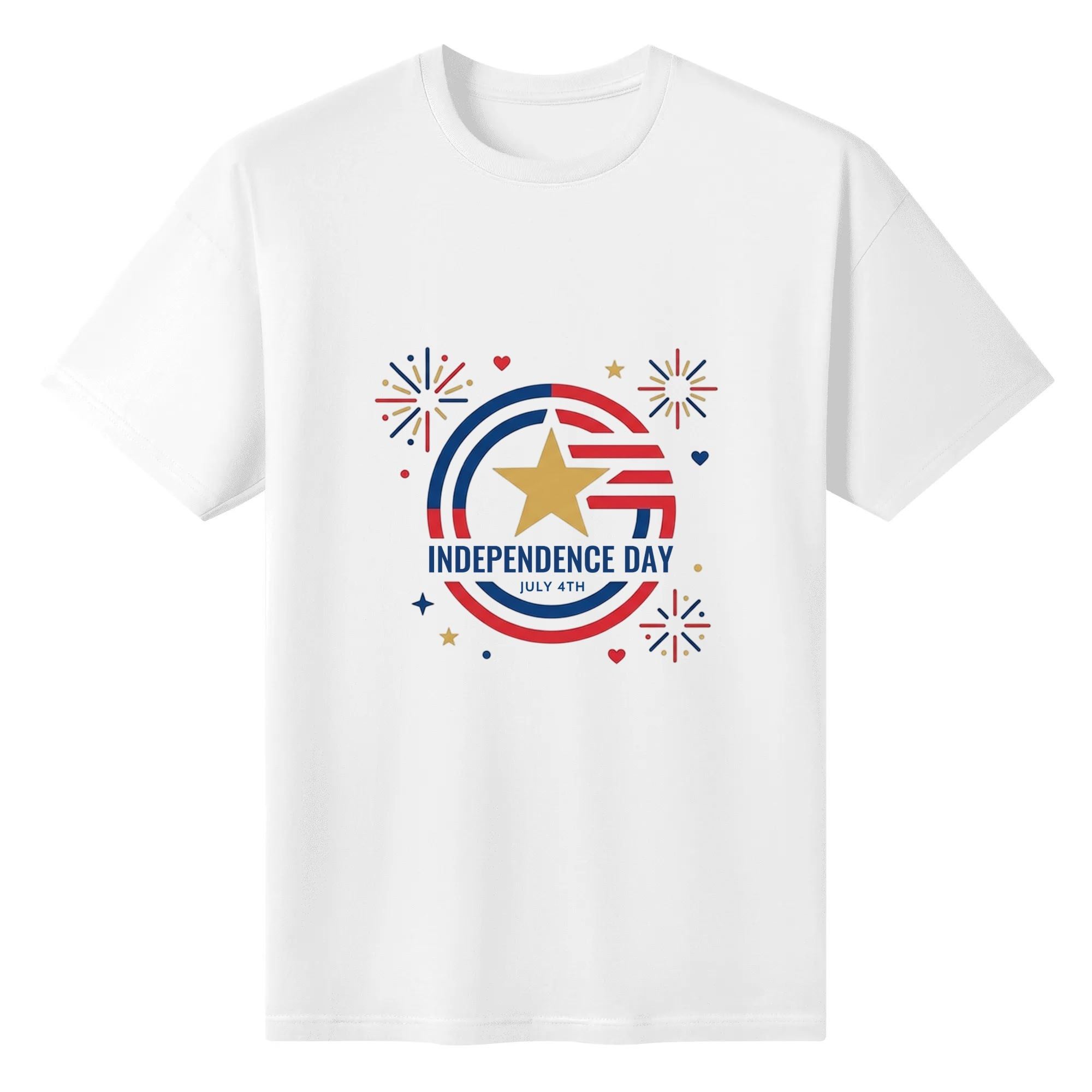 Front view of the white Independence Day T-shirt, featuring the “Independence Day July 4th” print with a star, fireworks, and patriotic circle design