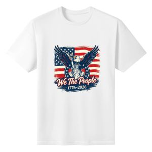 Plain white crew neck t-shirt with retro grunge bald eagle & Lady Liberty USA flag front graphic, We The People 1776-2026 anniversary print