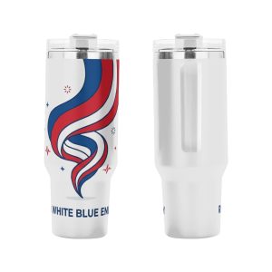 Patriotic tumbler placed in a car cup holder, showing the handle and straw in use