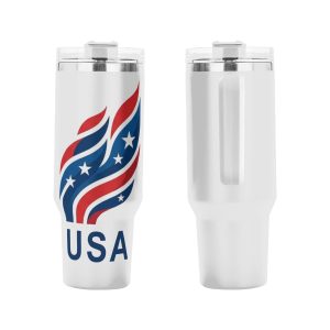 Patriotic tumbler placed in a car cup holder, showing the handle and straw in use