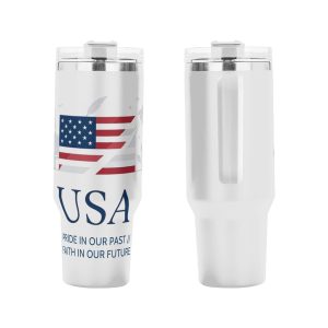 Patriotic tumbler placed in a car cup holder, showing the handle and straw in use