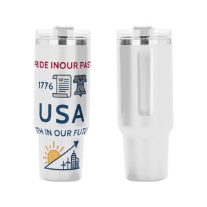 Patriotic tumbler placed in a car cup holder, showing the handle and straw in use