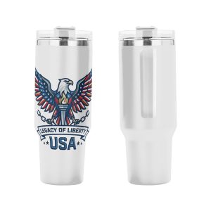 Front view of the tumbler with the full patriotic eagle print, and back view of the handle side