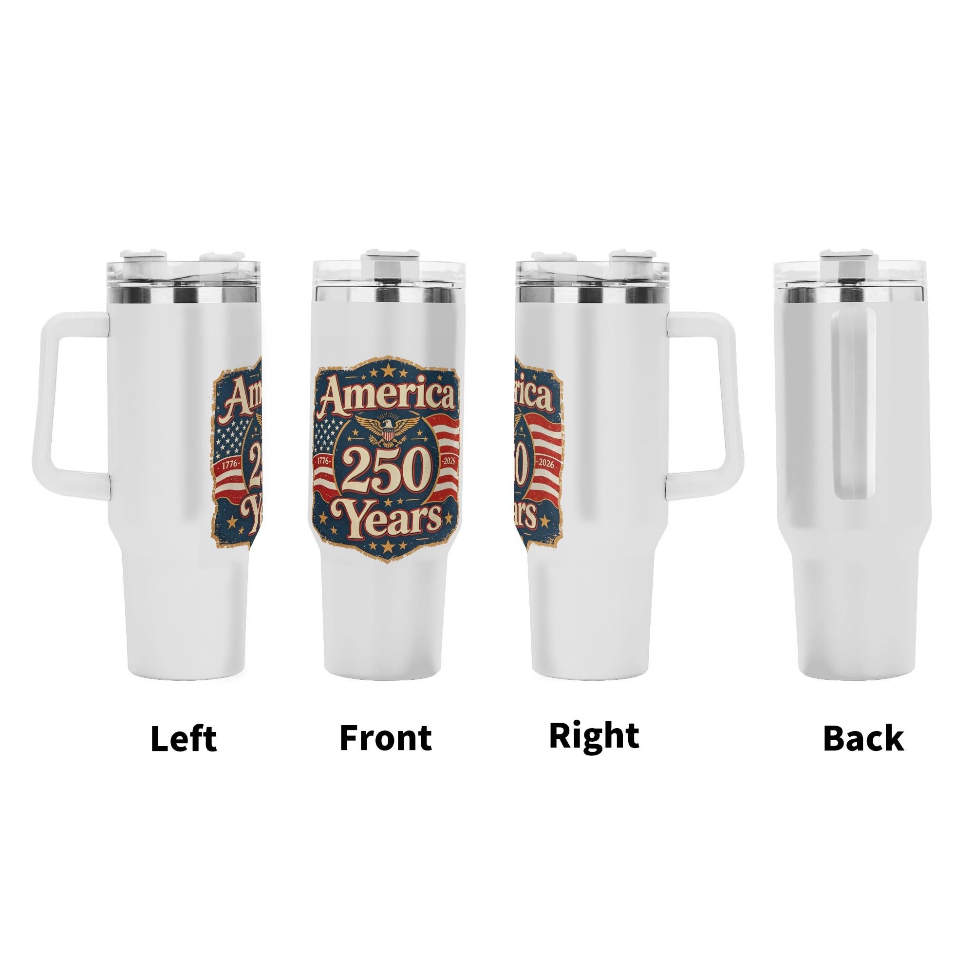 Front, left, right and back angles showing the full “America 250 Years” eagle badge graphic