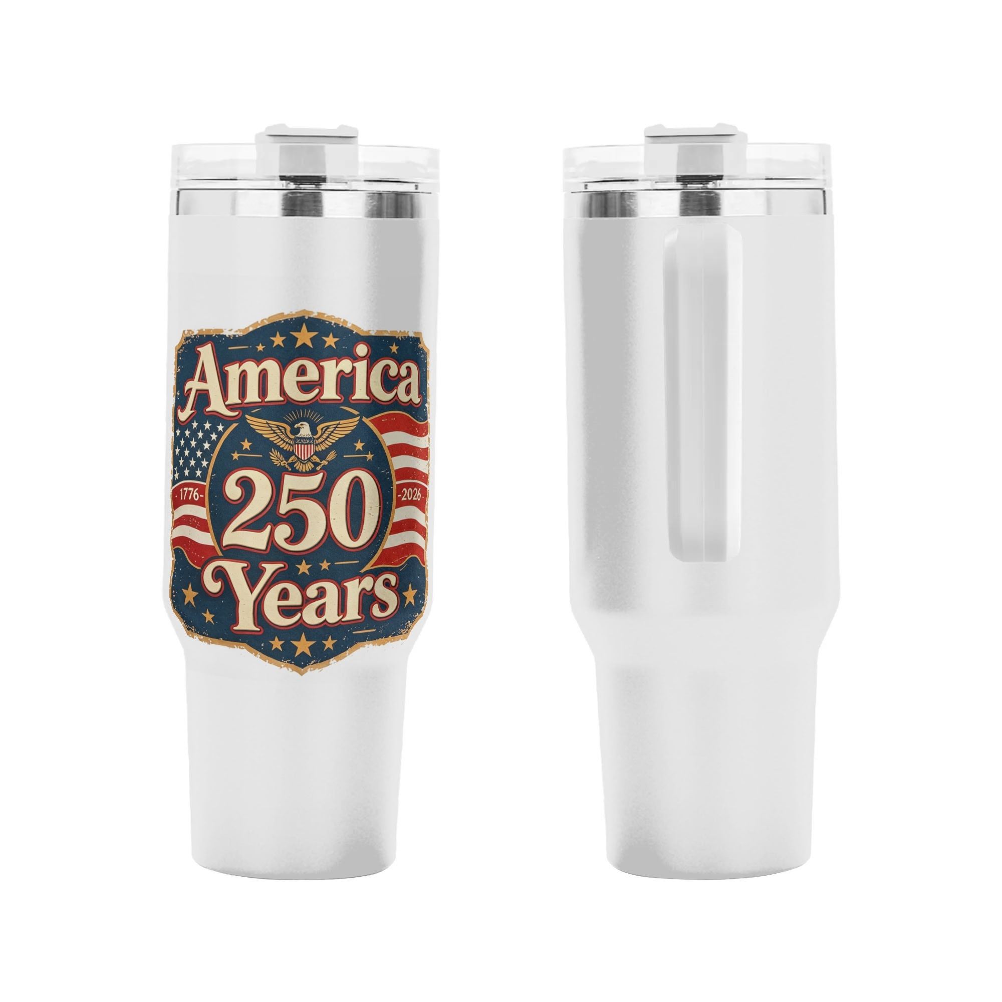 Patriotic tumbler placed in a car cup holder, showing the handle and straw in use