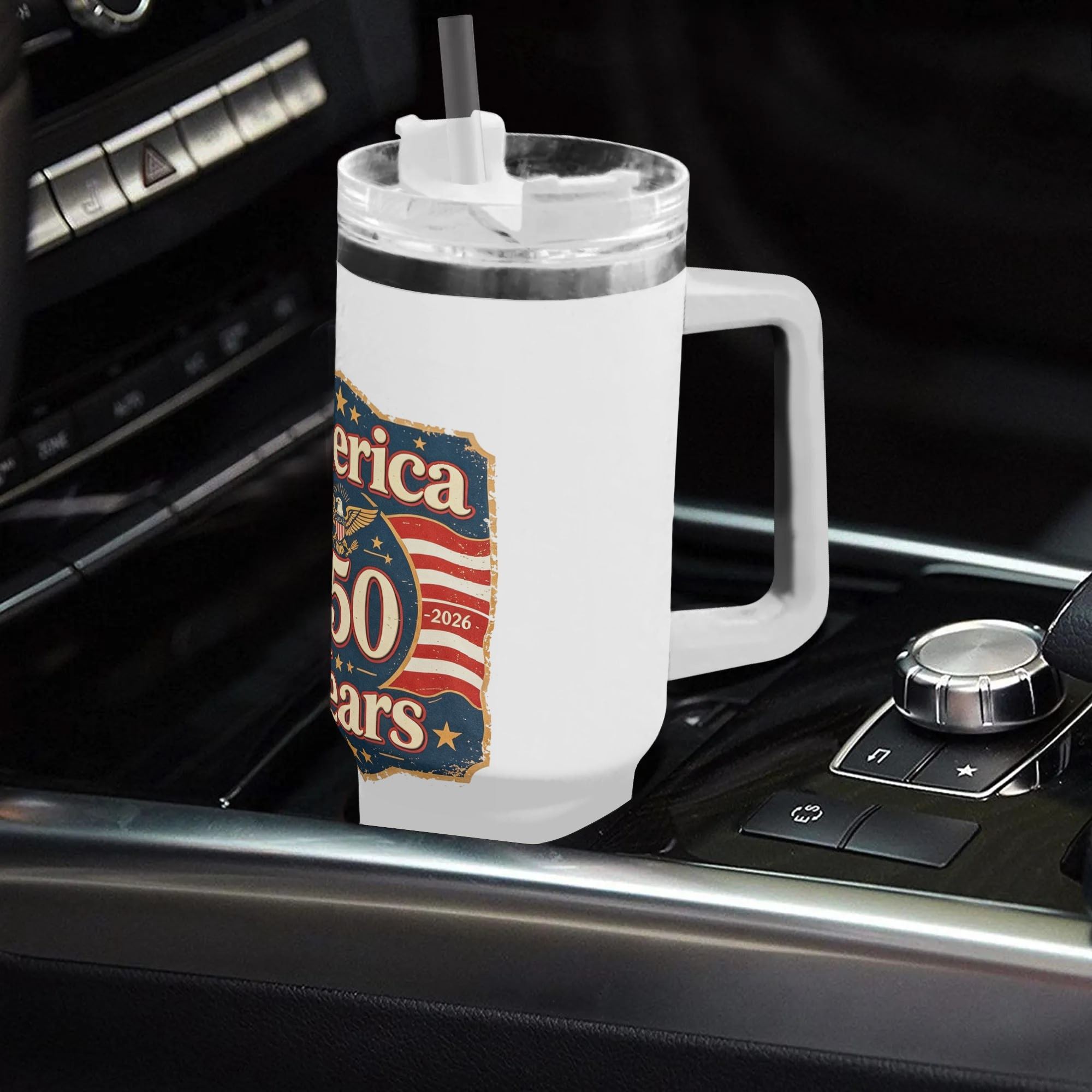 40oz stainless steel tumbler with retro “America 250 Years” eagle badge print, handle, lid and straw