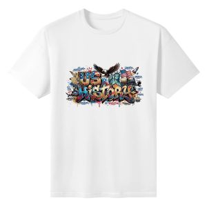 Solid white crew neck t-shirt with full-color patriotic US history street art front print