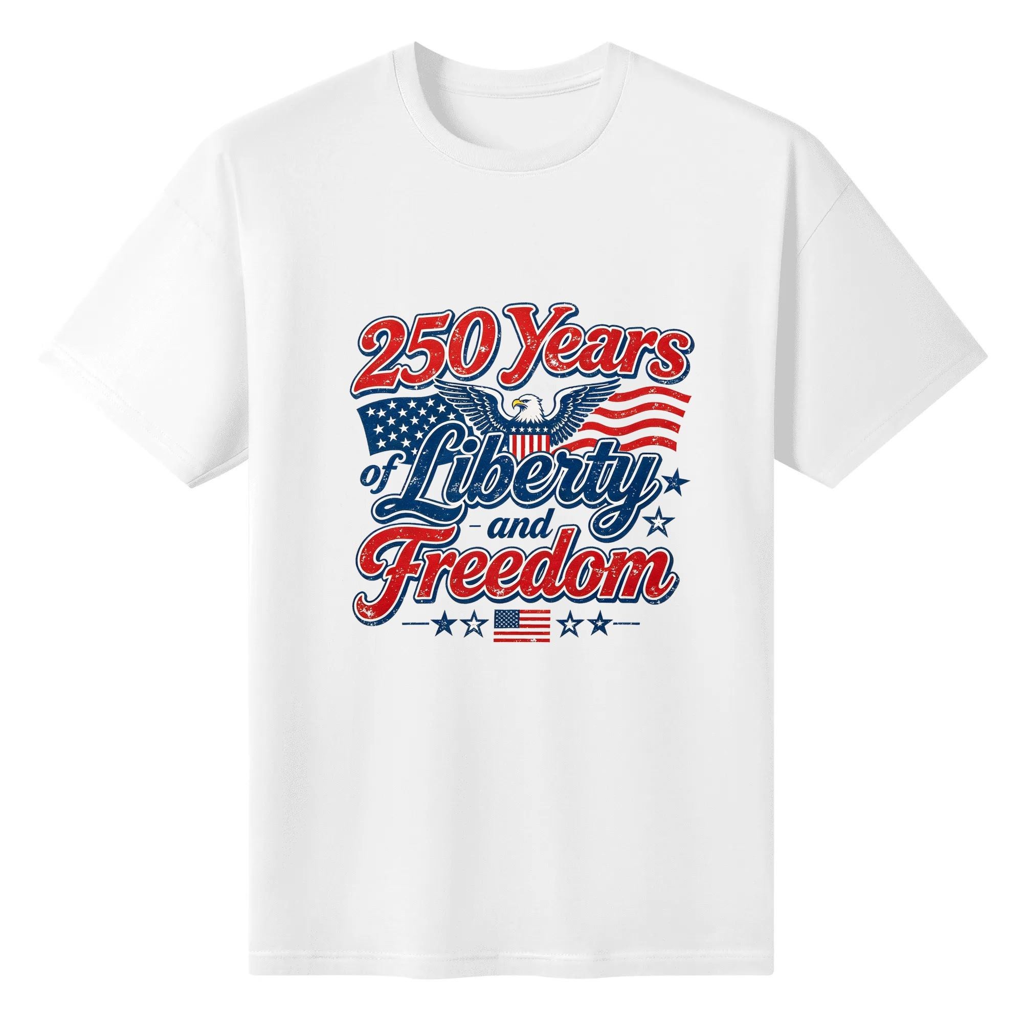 Solid white crew neck t-shirt with full-color vintage patriotic 250th anniversary front print