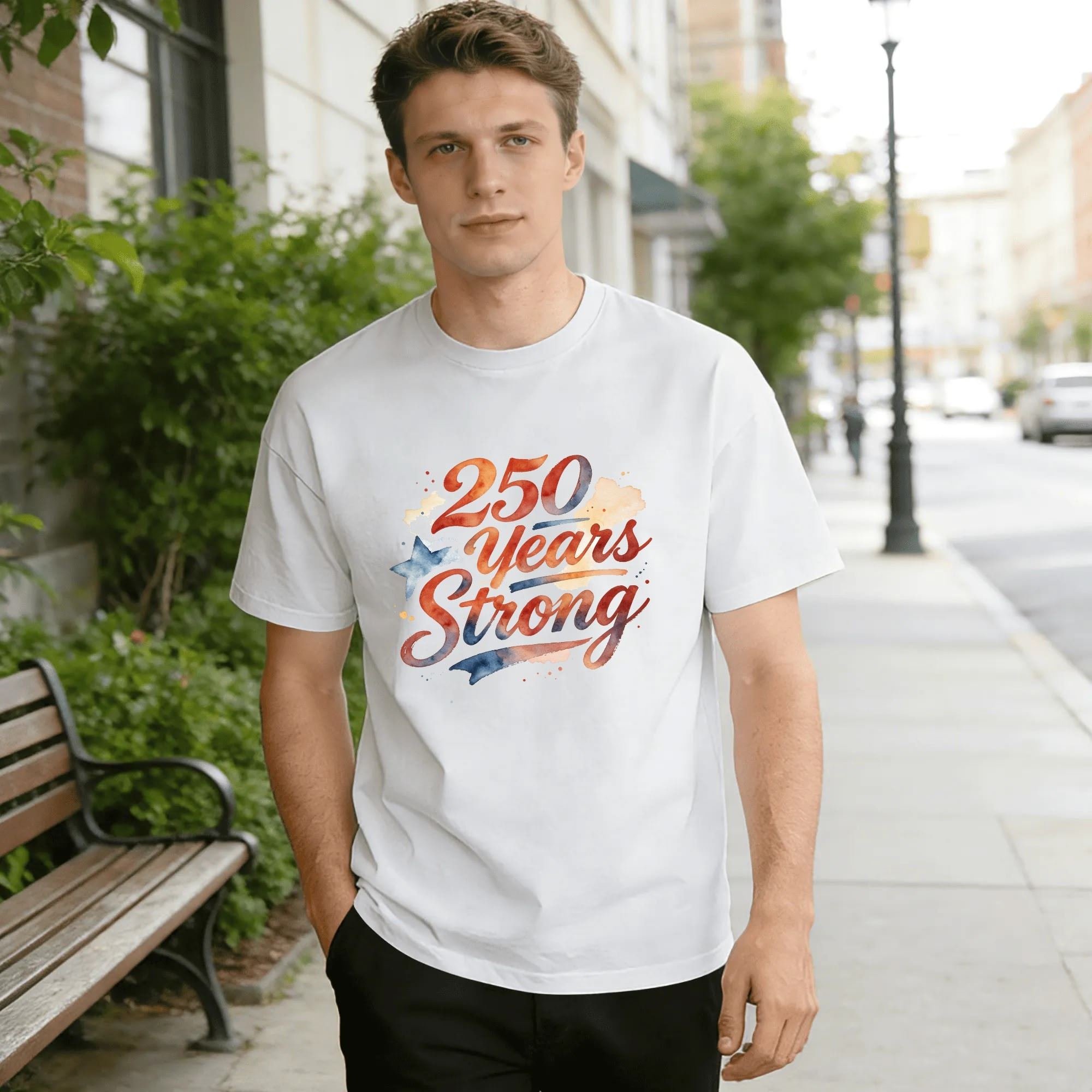 Lifestyle shot of a man wearing the white “250 Years Strong” watercolor T-shirt, outdoors in an urban setting