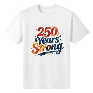 Front view of the white “250 Years Strong” T-shirt, featuring the watercolor-style patriotic print with splatter details