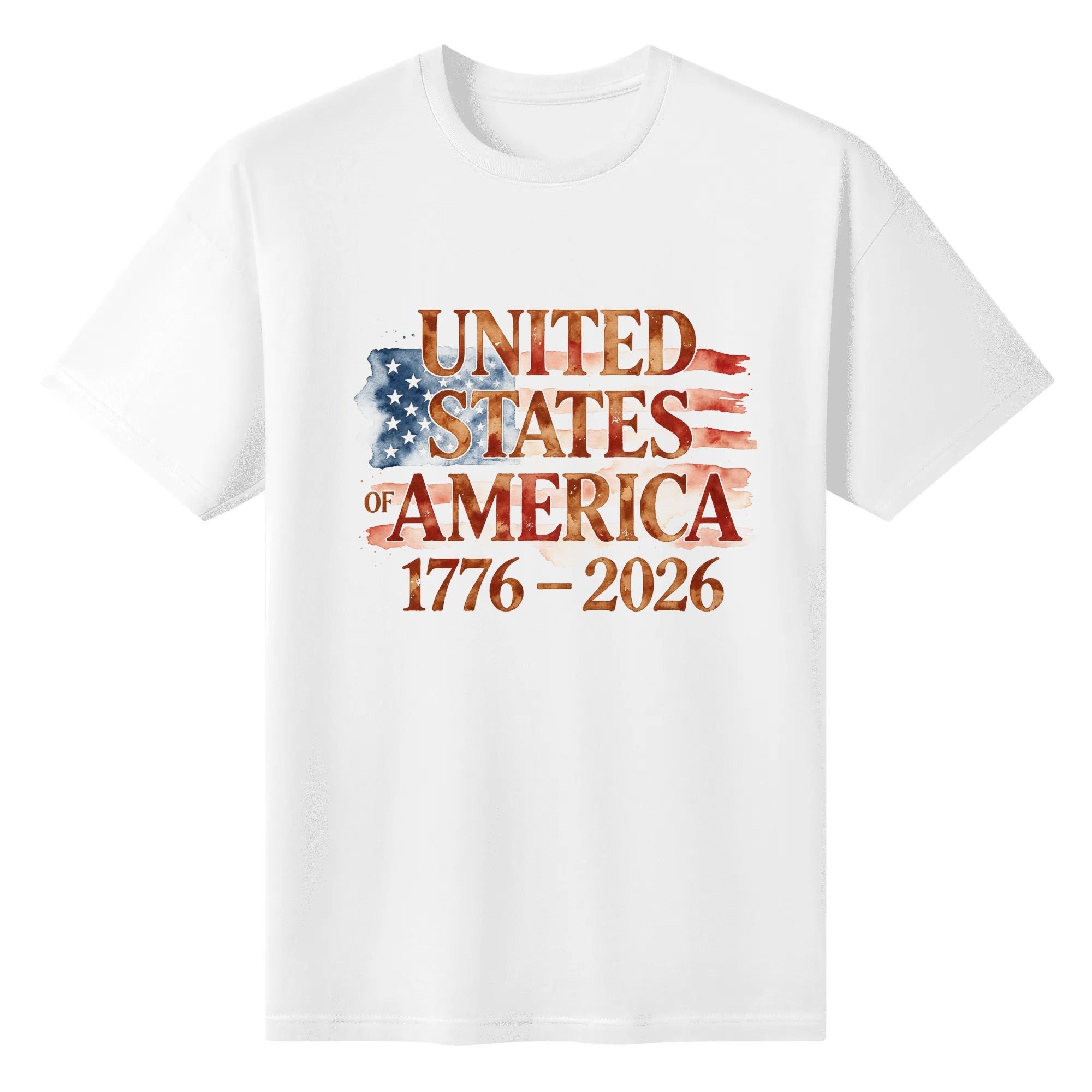 Front view of the white “USA 1776-2026” T-shirt, featuring the watercolor-style American flag print with “United States of America 1776-2026” lettering