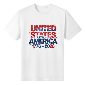 Front view of the white “USA 1776-2026” T-shirt, featuring the watercolor-style red and blue print with “United States of America 1776-2026” lettering
