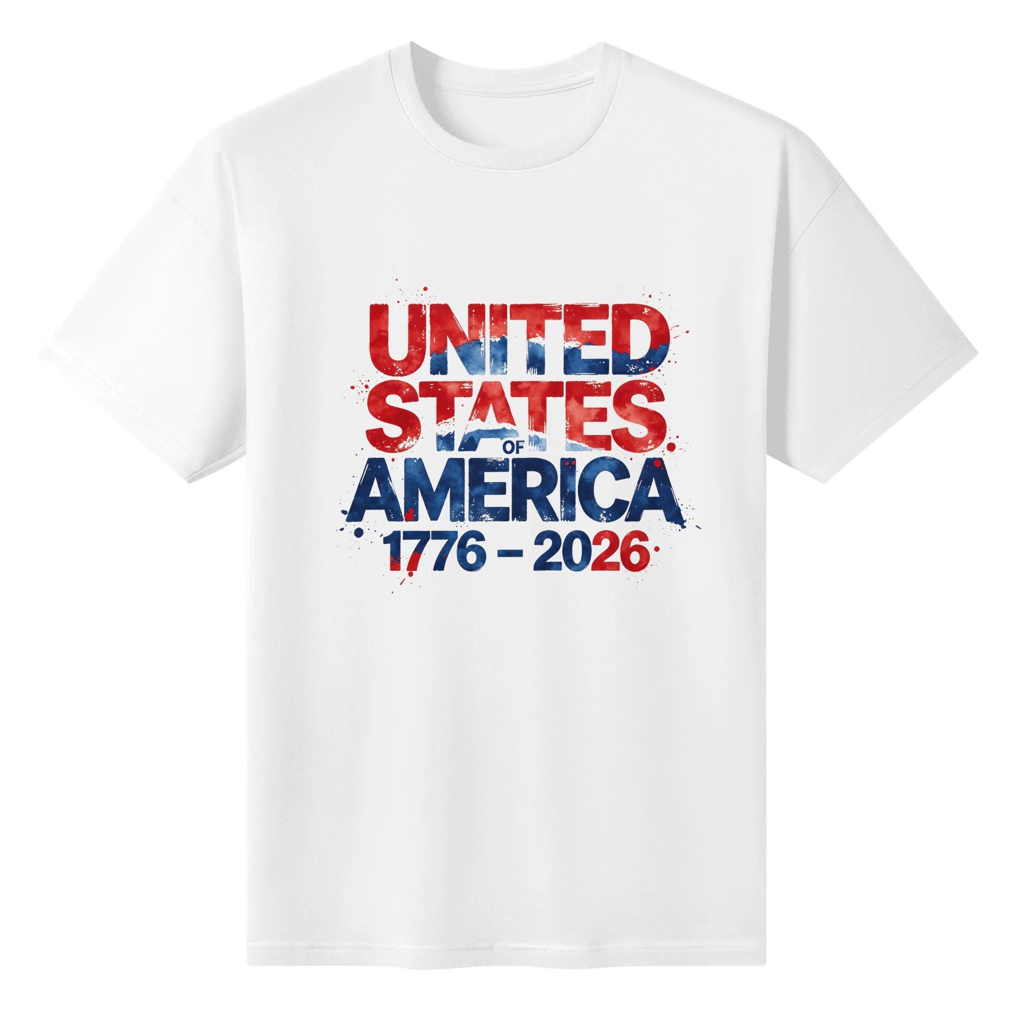 Front view of the white “USA 1776-2026” T-shirt, featuring the watercolor-style red and blue print with “United States of America 1776-2026” lettering
