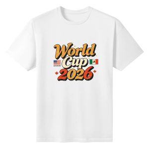 Front view of the white “World Cup 2026” T-shirt, featuring the distressed 70s-style print with USA, Canada, and Mexico flags