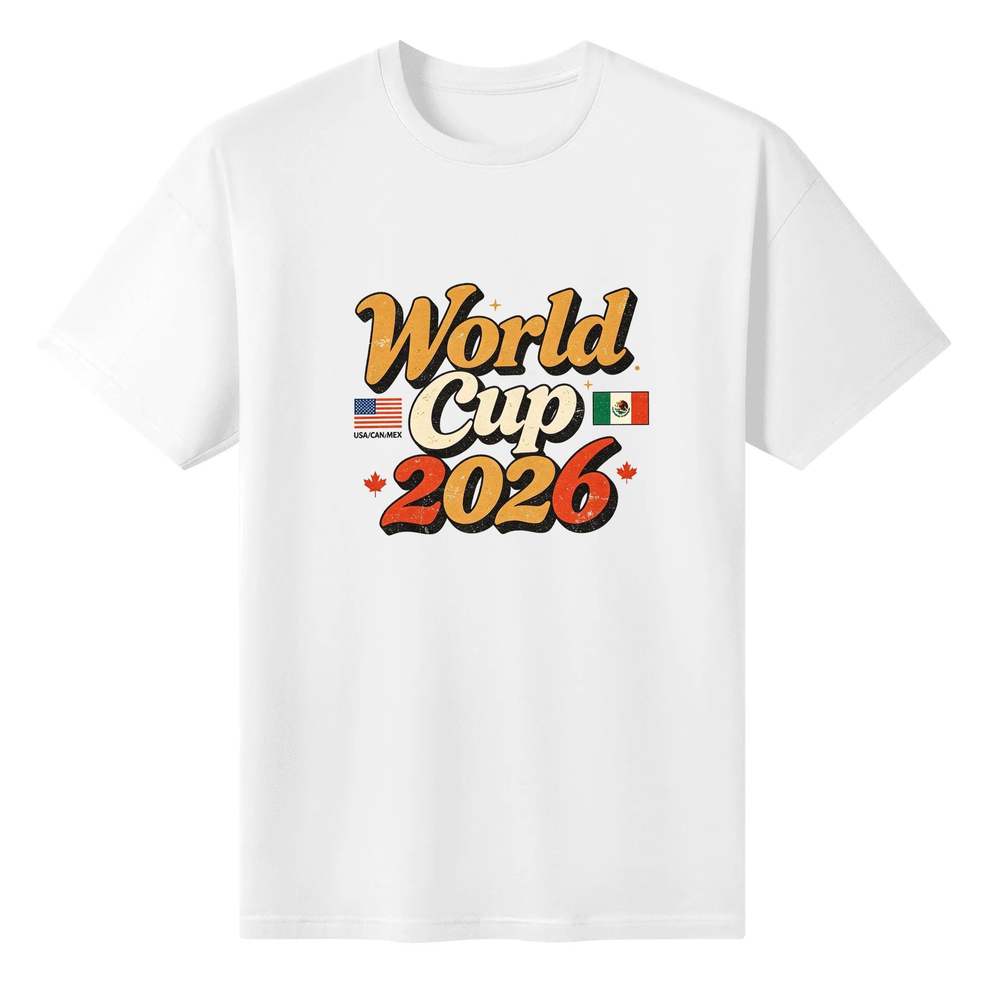 Front view of the white “World Cup 2026” T-shirt, featuring the distressed 70s-style print with USA, Canada, and Mexico flags