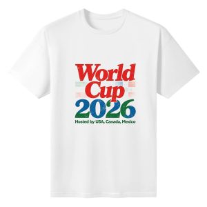 Front view of the white “World Cup 2026” T-shirt, featuring the distressed red/blue/green print with host country text