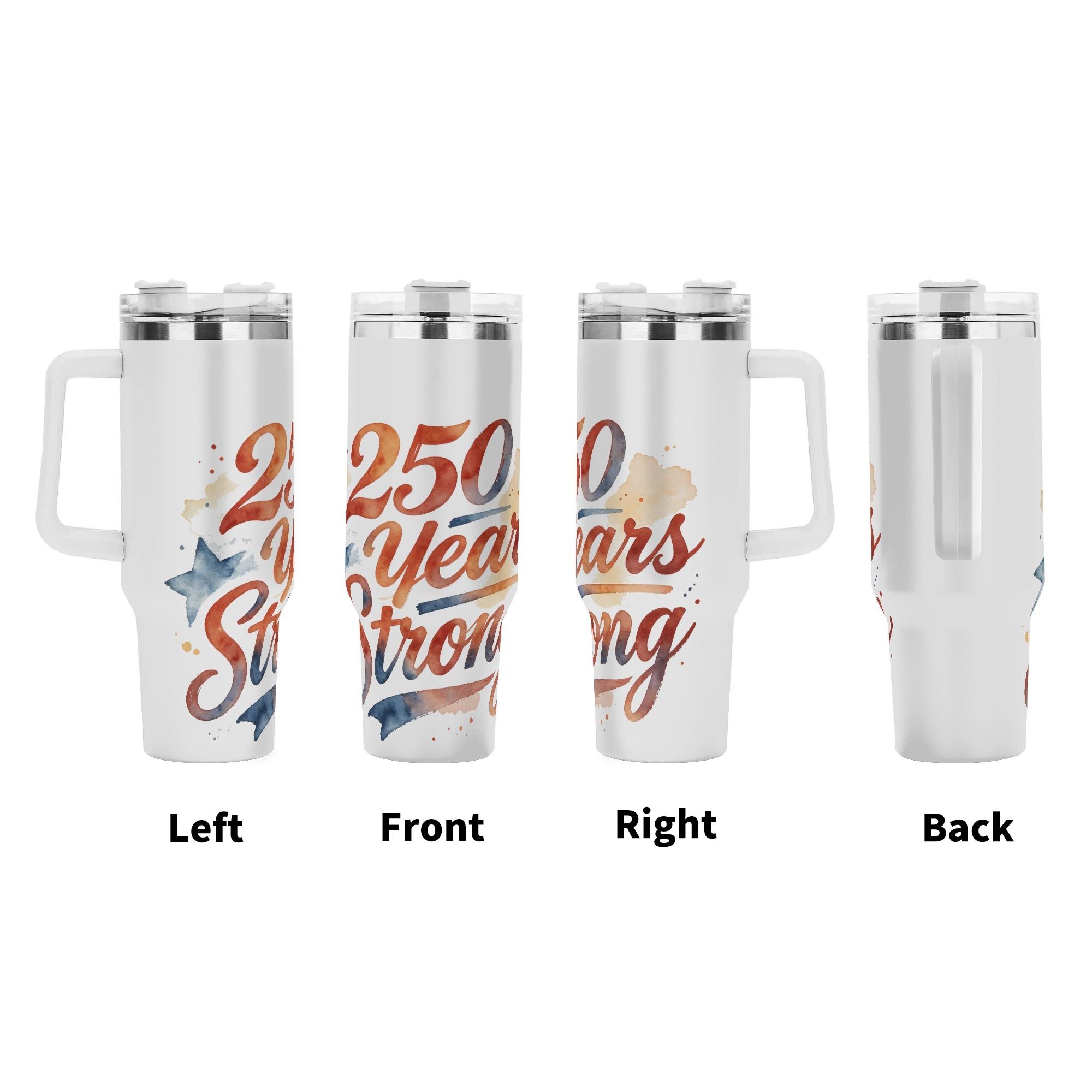 "250 Years Strong" Red & Blue Watercolor Tumbler with Handle | 40oz Stainless Steel Cup - Image 3