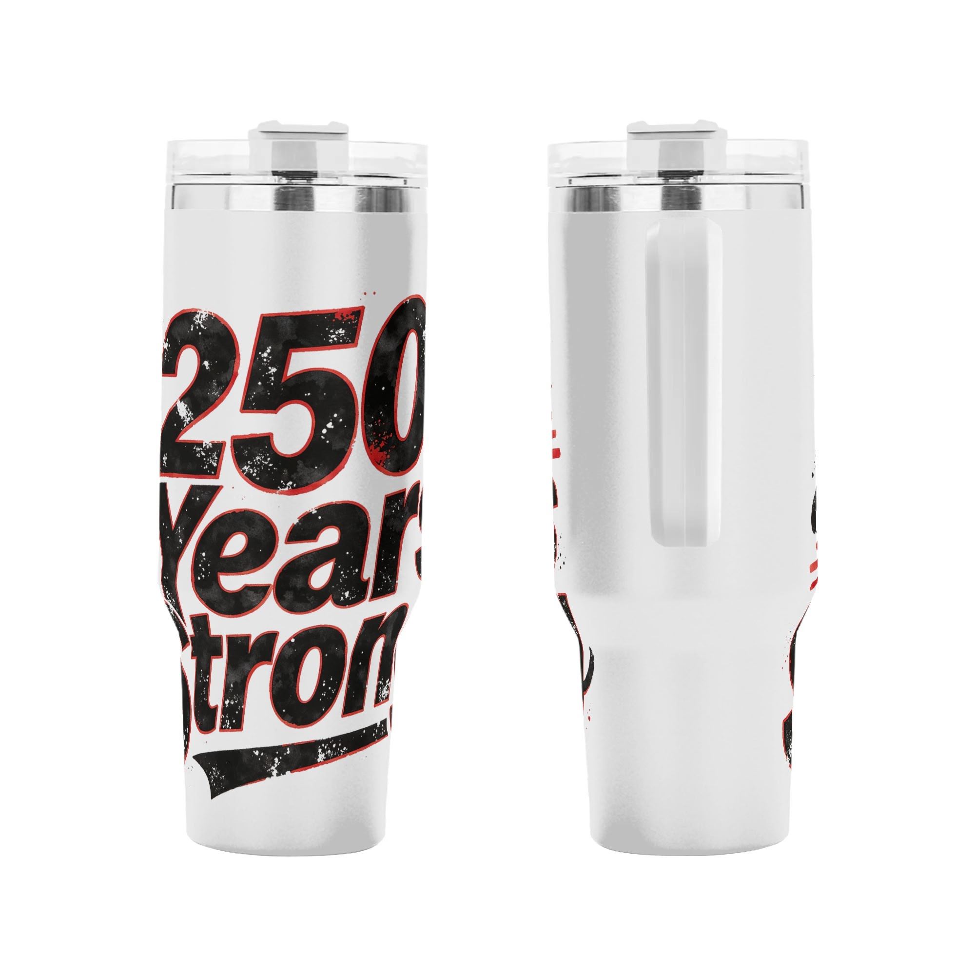 Front and back view of the tumbler, showcasing the full distressed “250 Years Strong” print and handle placement