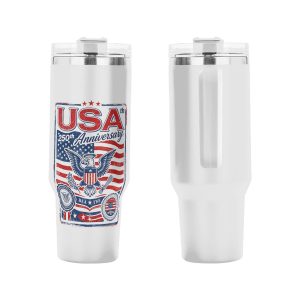 Front and back view of the tumbler, displaying the detailed vintage eagle and flag design