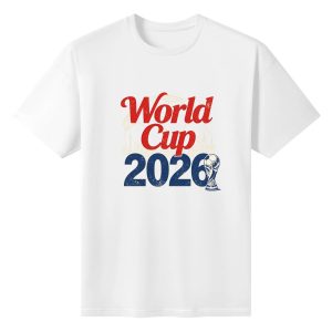 Front view of the white “World Cup 2026” T-shirt, featuring the distressed red/blue print with trophy and skyline
