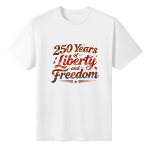 Front view of the white T-shirt, featuring the full watercolor script and star accents print
