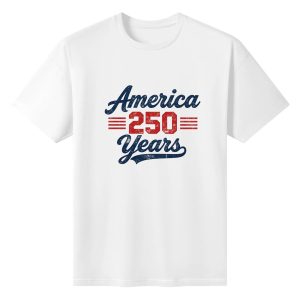 Front view of the white T-shirt, featuring the full retro distressed red/blue print
