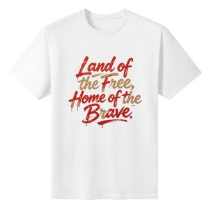 Front view of the white T-shirt, featuring the full red and tan spray paint lettering print