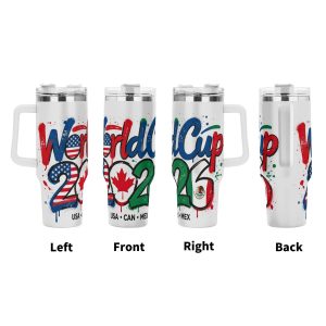360-degree view of the tumbler, showing the graffiti print from left, front, right, and back, with "USA · CAN · MEX" text and host country flags integrated into the design.