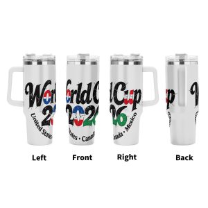 360-degree view of the tumbler, showing the distressed print from left, front, right, and back, with "United States • Canada • Mexico" text and host country flag colors integrated into the design.