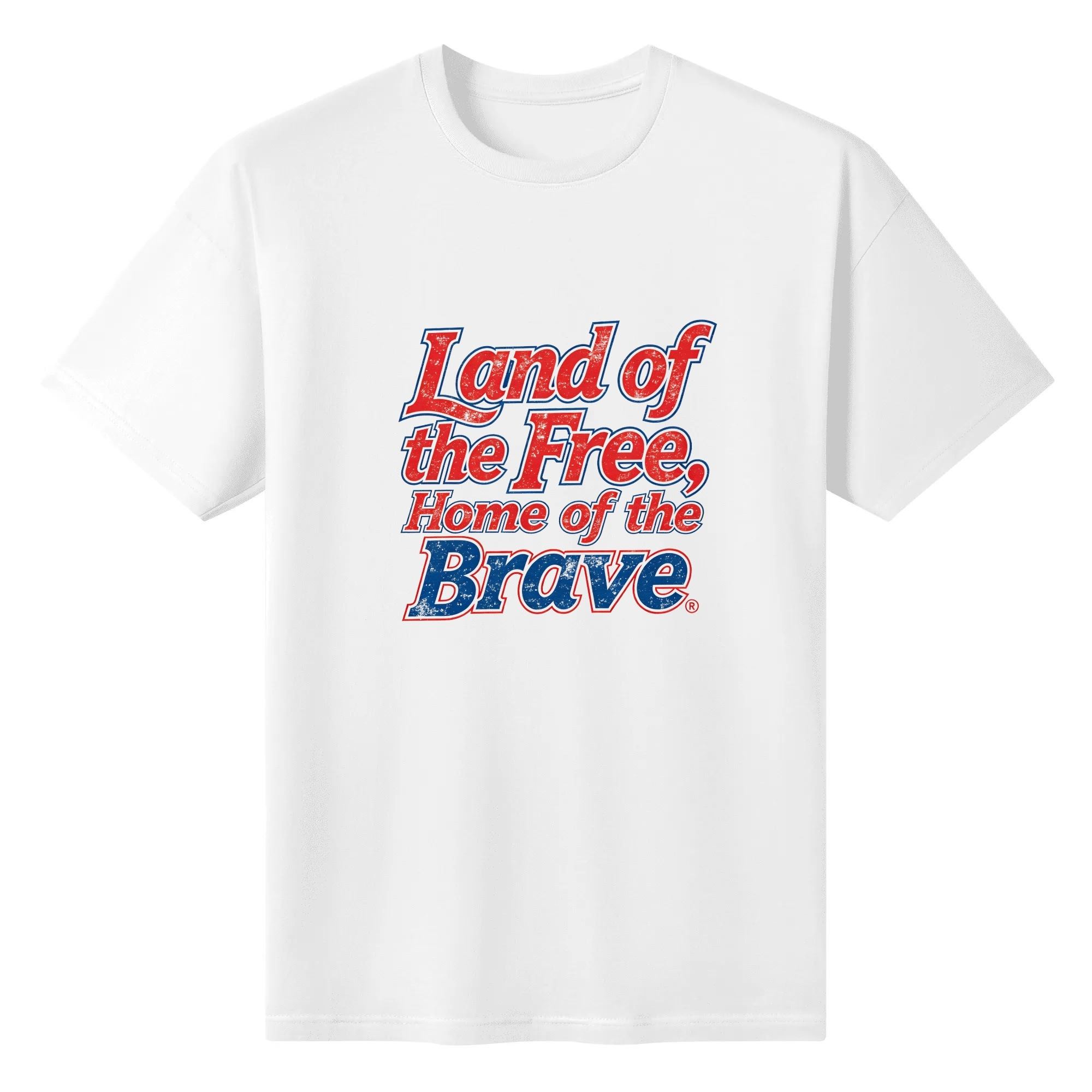Flat lay view of the white t-shirt featuring the distressed red and blue "Land of the Free, Home of the Brave" print.