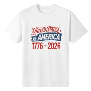 Flat lay view of the white t-shirt featuring the distressed red, white, and blue "United States of America 1776-2026" print.