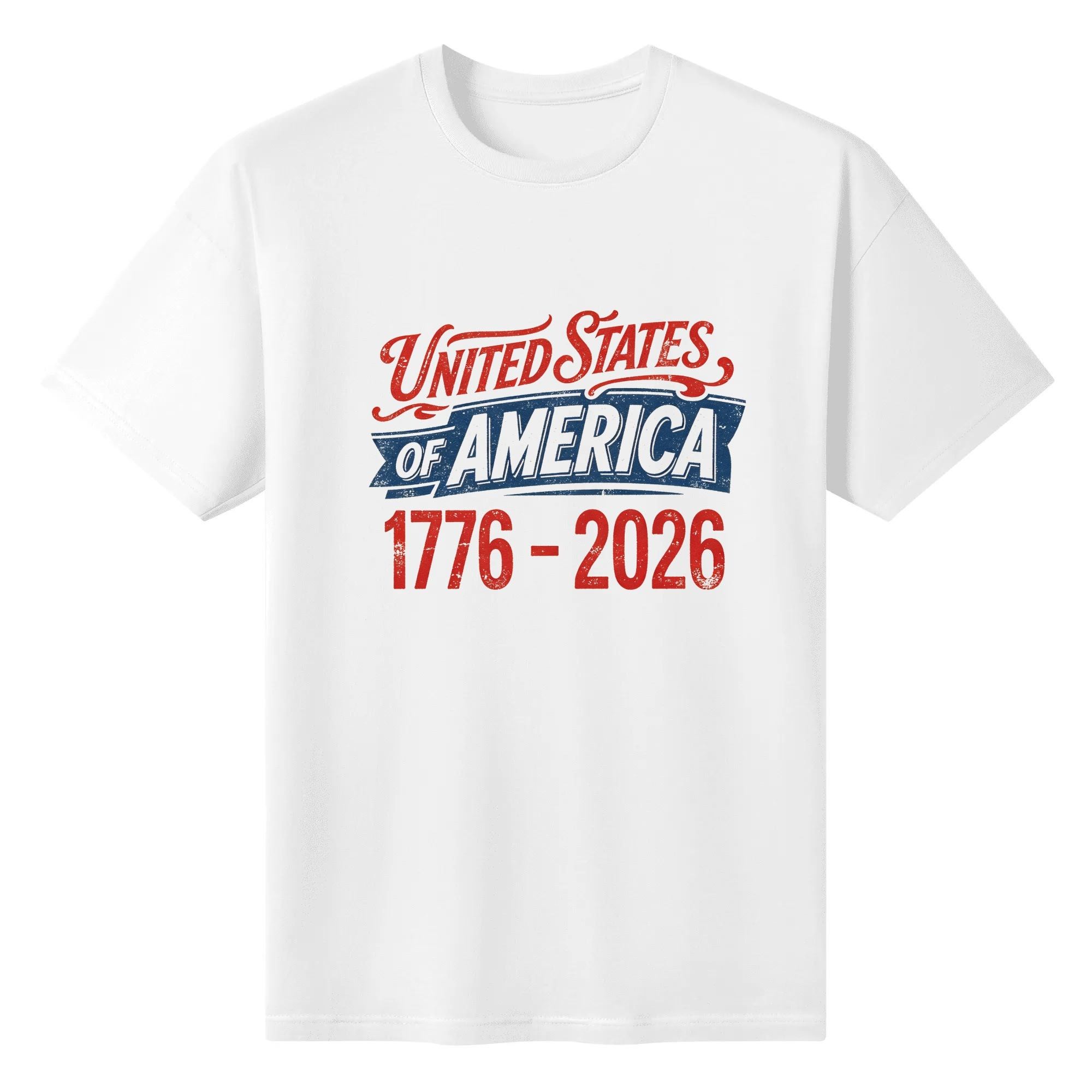 Flat lay view of the white t-shirt featuring the distressed red, white, and blue "United States of America 1776-2026" print.