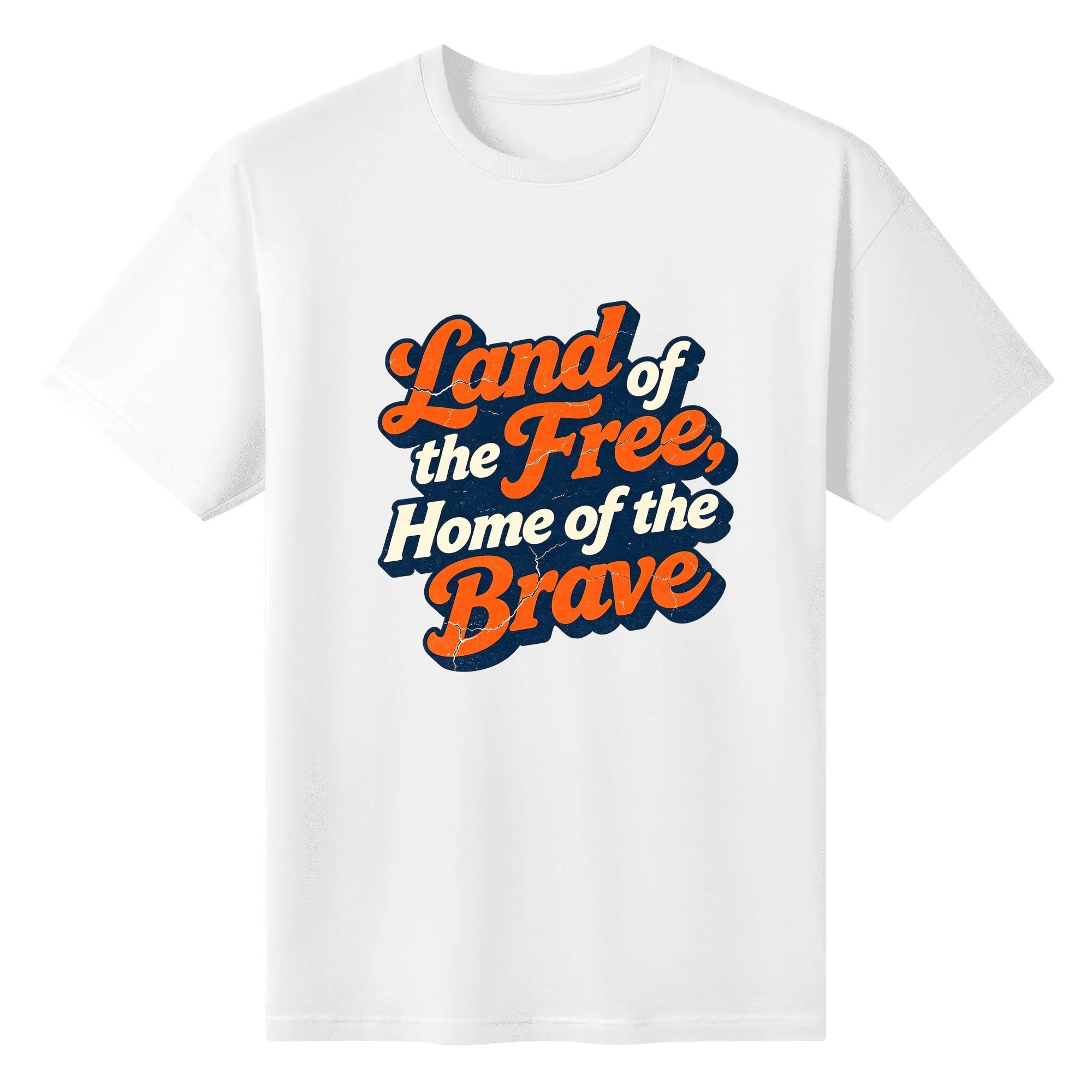Flat lay view of the white t-shirt featuring the distressed 70s-style "Land of the Free, Home of the Brave" print in orange, cream, and navy.