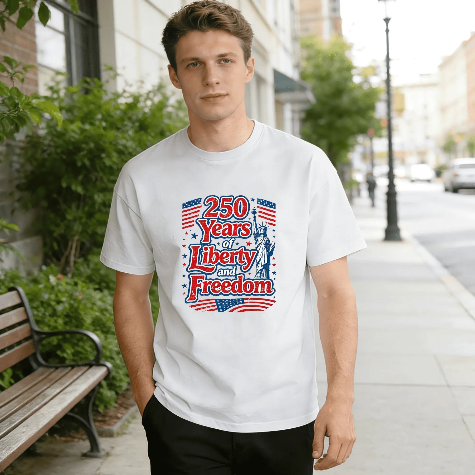 Lifestyle shot of a man wearing the white version of the "250 Years of Liberty and Freedom" t-shirt on a city street.