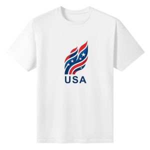 Flat lay view of the white t-shirt featuring the modern red, white, and blue flame-style "USA" print.