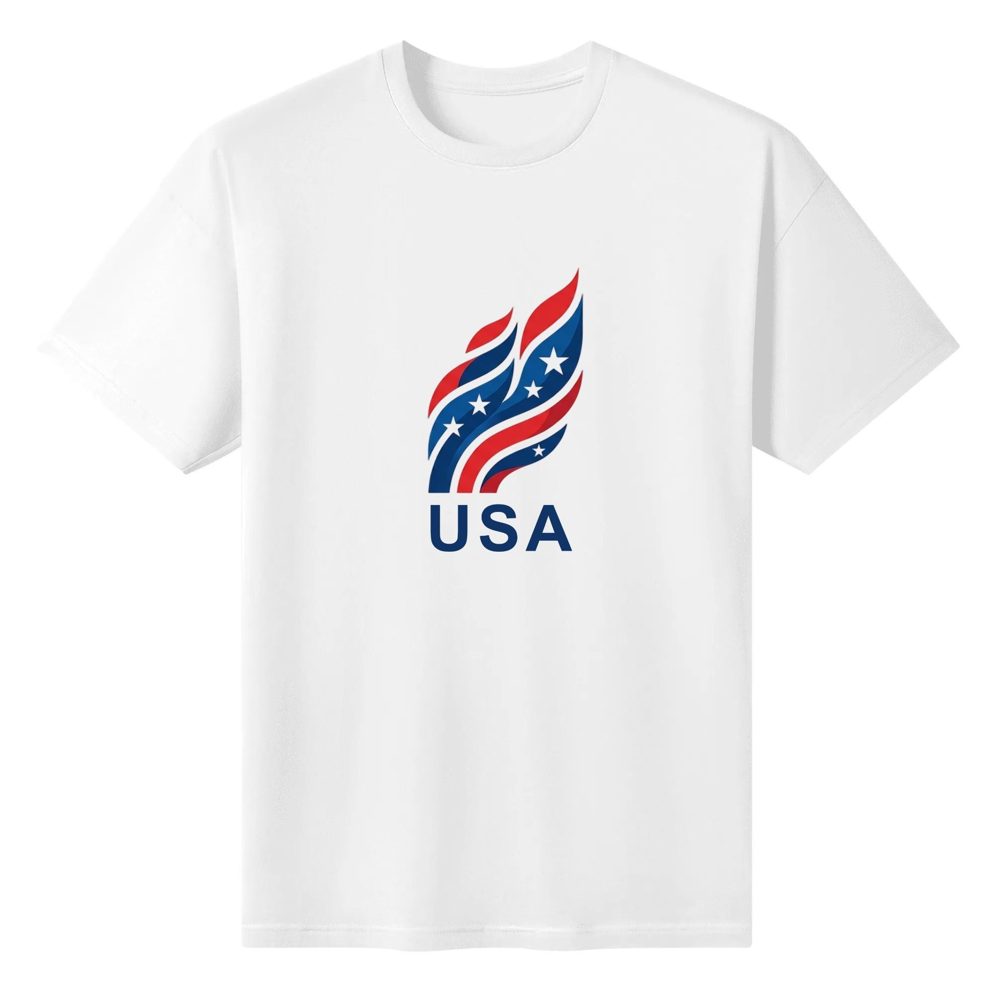 Flat lay view of the white t-shirt featuring the modern red, white, and blue flame-style "USA" print.