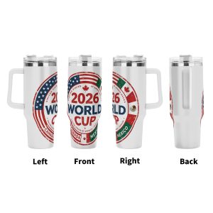 360° view of the tumbler showing left, front, right, and back angles with the full "2026 World Cup" circular print.