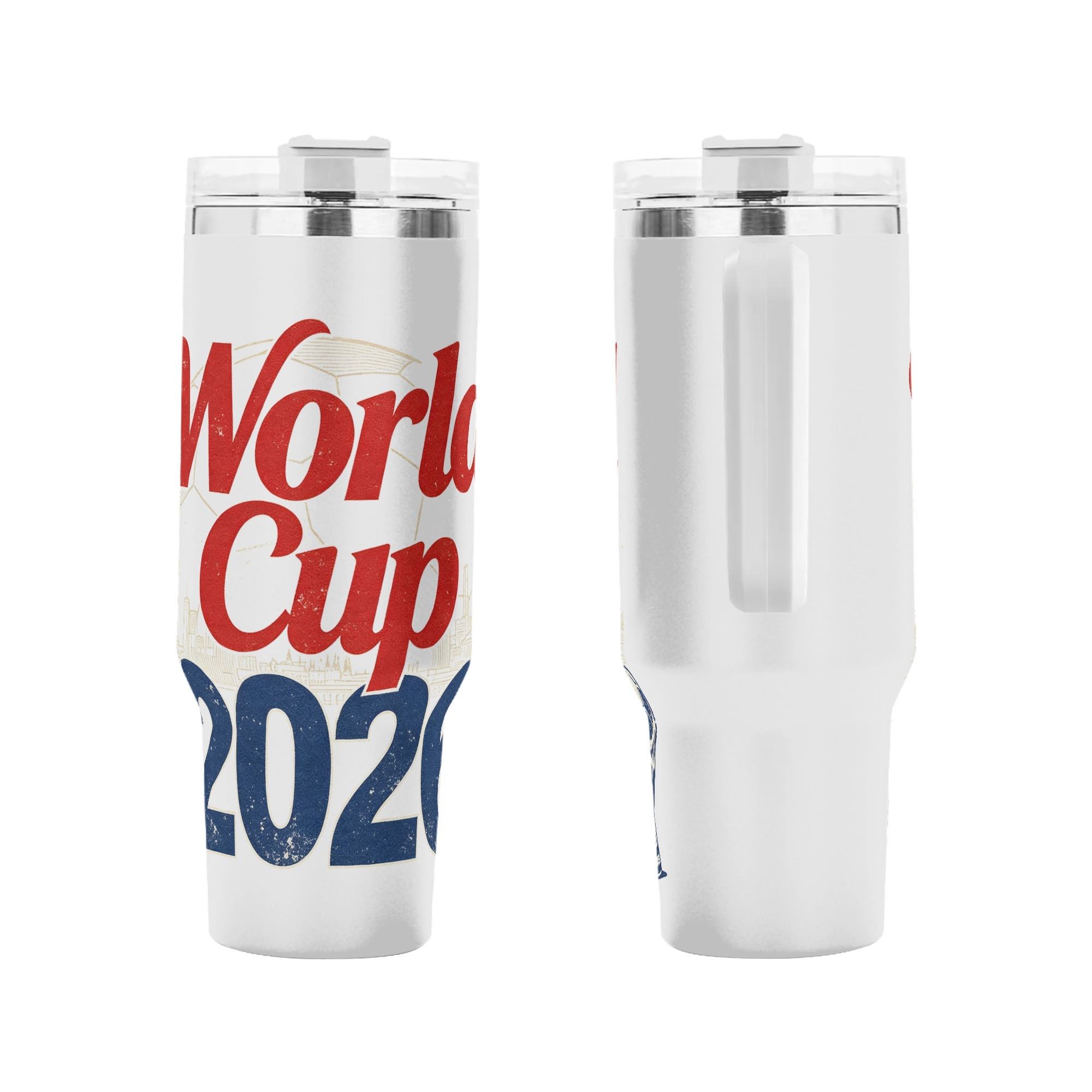 Side-by-side view of the tumbler showing the full front "World Cup 2026" print and the back with the handle.