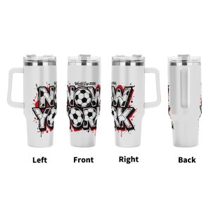 360° view of the tumbler showing left, front, right, and back angles with the full "New York World Cup 2026" graffiti print.