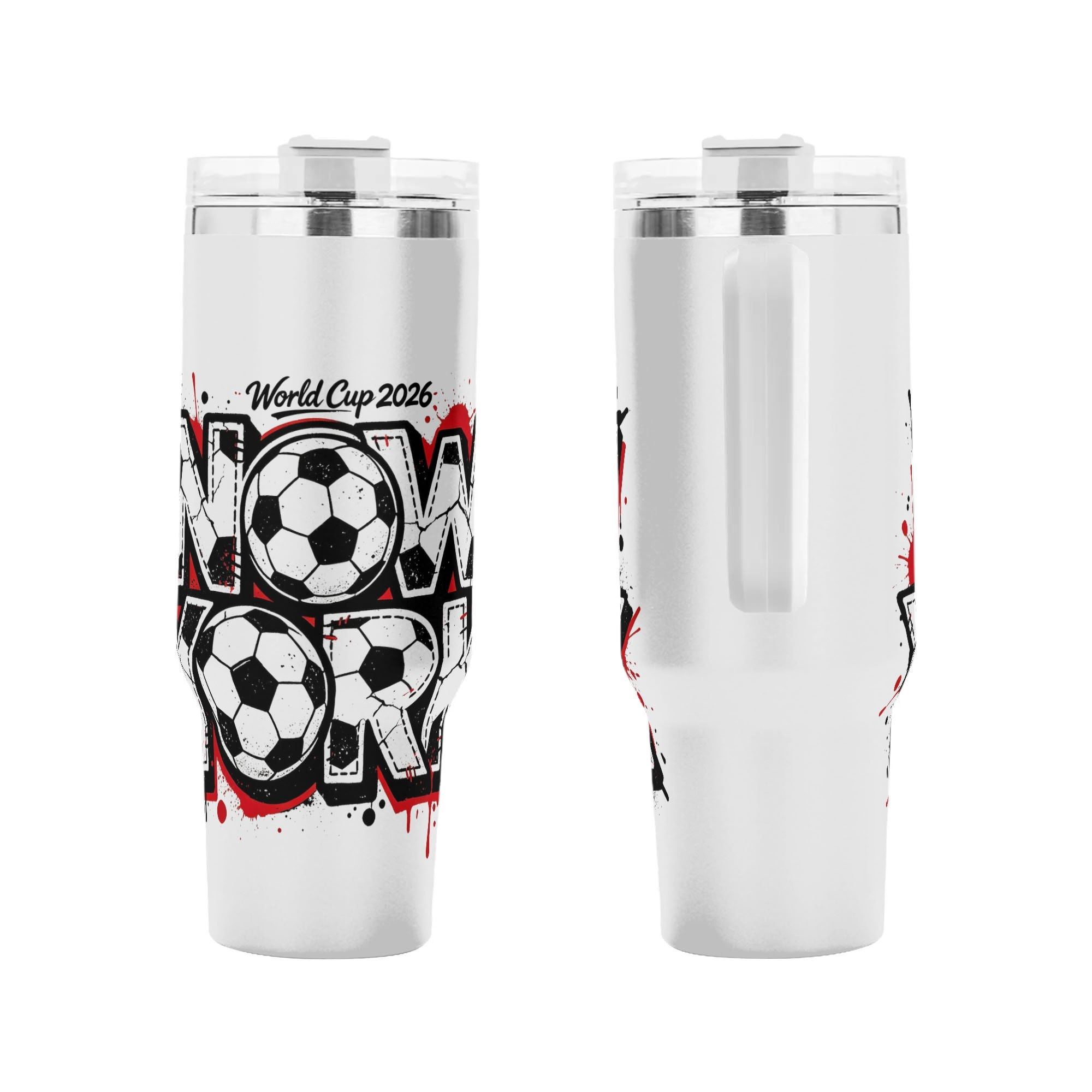 Side-by-side view of the tumbler showing the full front "New York World Cup 2026" graphic and the back with the handle.