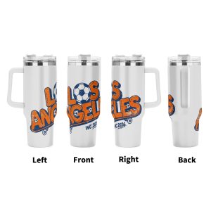360° view of the tumbler showing left, front, right, and back angles with the full "Los Angeles WC 2026" retro print.