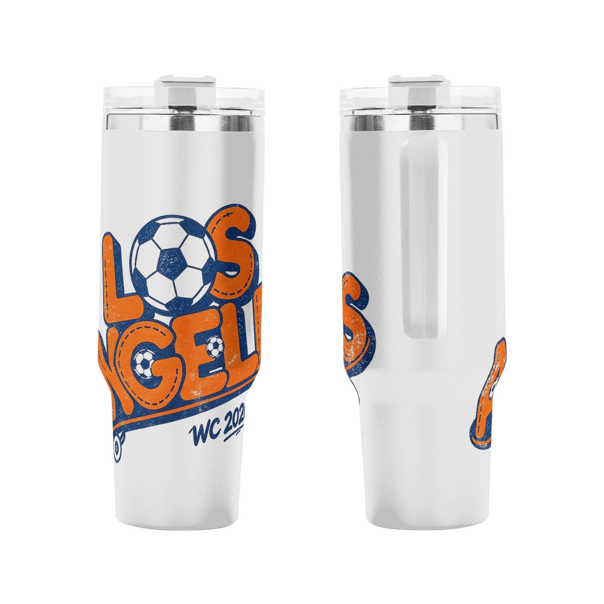 Side-by-side view of the tumbler showing the full front "Los Angeles WC 2026" graphic and the back with the handle.