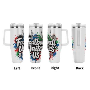 360° view of the tumbler showing left, front, right, and back angles with the full "Football Unites Us" multi-city landmark print.