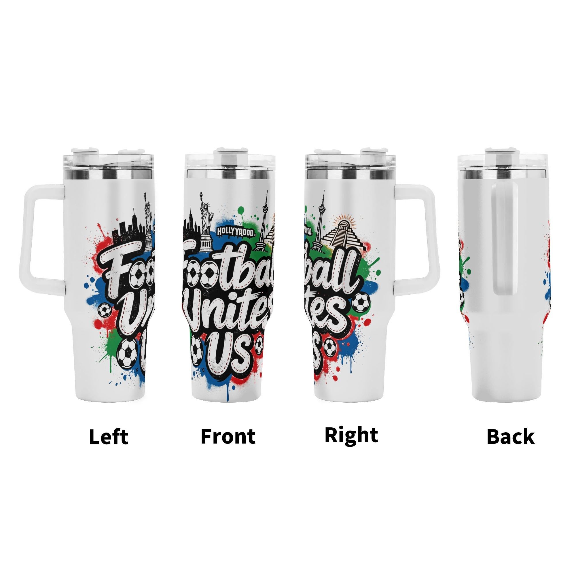 360° view of the tumbler showing left, front, right, and back angles with the full "Football Unites Us" multi-city landmark print.